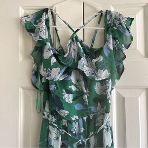 Japna Green FloralWomen’s  Medium Cold Shoulder Maxi Dress Ruffle Tropical Boho